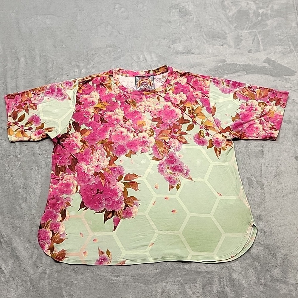 Johnny Was Shirt Womens M Green Floral Bamboo Viscose Short Sleeve Tee